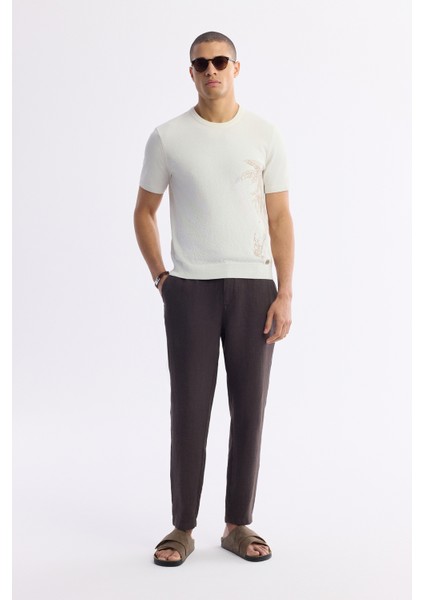 Erkek Ekru Bisiklet Yaka Pamuklu Triko Regular Fit T-Shirt A51Y5012