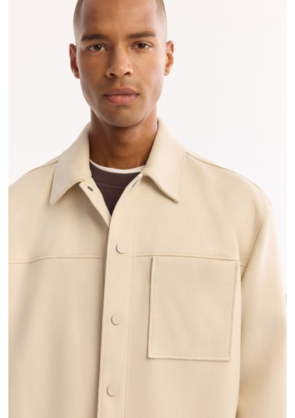 Erkek Bej Klasik Yaka Soft Touch Süet Dokulu Comfort Fit Gömlek Ceket A52Y6004