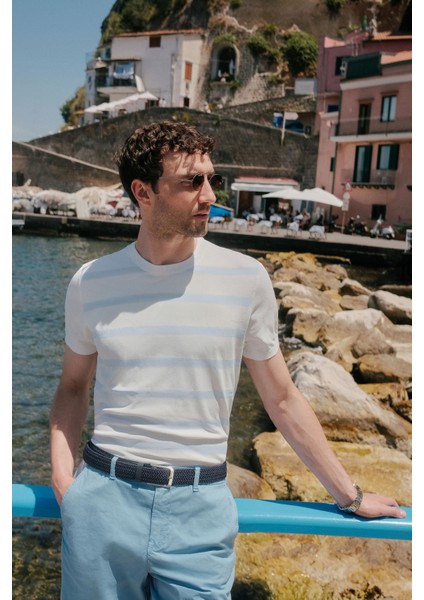 Erkek Ekru Bisiklet Yaka Rayon Çizgili Triko Regular Fit T-Shirt A41Y5031