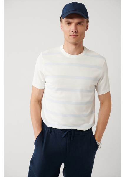 Erkek Ekru Bisiklet Yaka Rayon Çizgili Triko Regular Fit T-Shirt A41Y5031 fiyatları