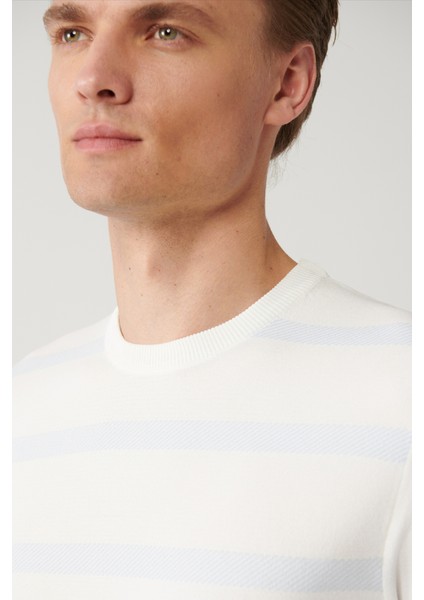 Erkek Ekru Bisiklet Yaka Rayon Çizgili Triko Regular Fit T-Shirt A41Y5031 modelleri