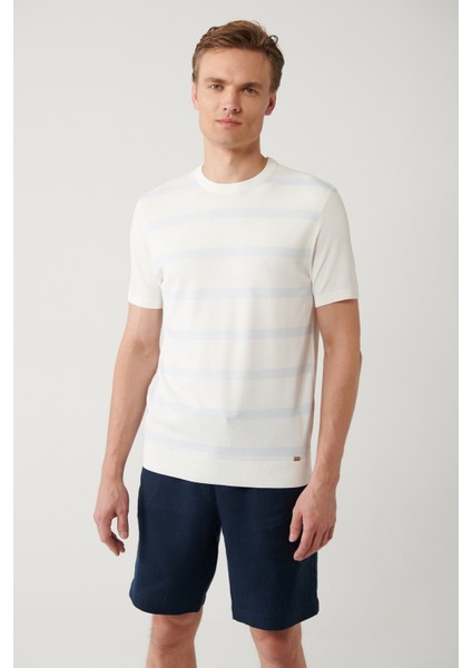 Erkek Ekru Bisiklet Yaka Rayon Çizgili Triko Regular Fit T-Shirt A41Y5031 fırsatları