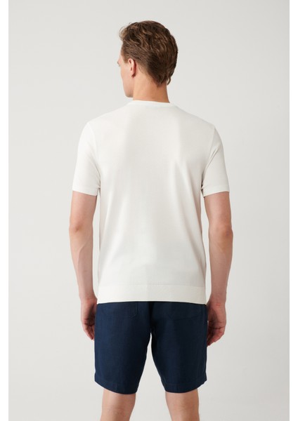 Erkek Ekru Bisiklet Yaka Rayon Çizgili Triko Regular Fit T-Shirt A41Y5031 indirimleri