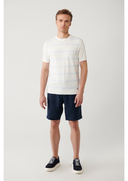 Erkek Ekru Bisiklet Yaka Rayon Çizgili Triko Regular Fit T-Shirt A41Y5031