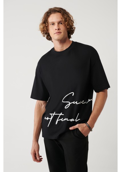 Erkek Siyah %100 Pamuk Bisiklet Yaka Baskılı Oversize Fit T-Shirt A41Y1038