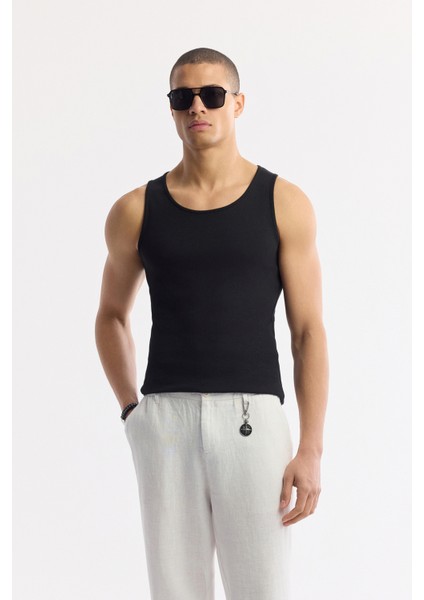 Erkek Siyah U Yaka Basic Pamuklu Fitilli Regular Fit Atlet A51Y1127