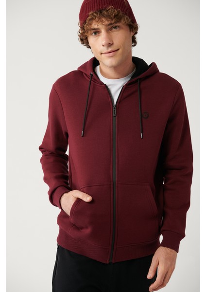 Erkek Koyu Bordo Kapüşonlu 3 İplik Şardonlu Fermuarlı Regular Fit Sweatshirt E001019