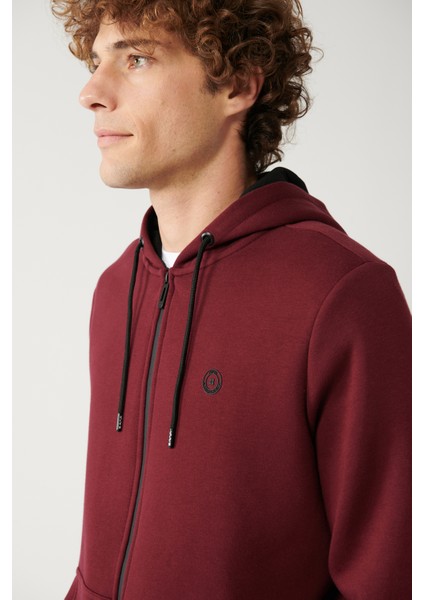 Erkek Koyu Bordo Kapüşonlu 3 İplik Şardonlu Fermuarlı Regular Fit Sweatshirt E001019 fiyatları