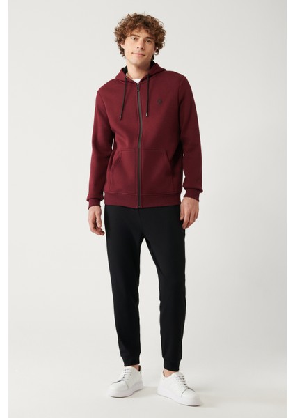 Erkek Koyu Bordo Kapüşonlu 3 İplik Şardonlu Fermuarlı Regular Fit Sweatshirt E001019 indirimleri