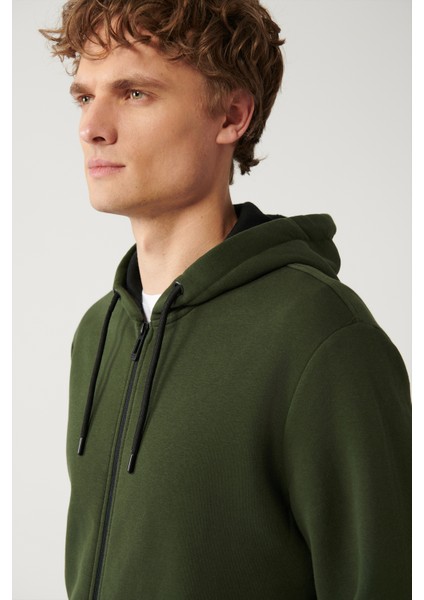 Erkek Haki Kapüşonlu 3 İplik Şardonlu Fermuarlı Regular Fit Sweatshirt E001019 fiyatları