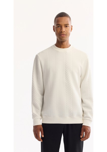 Erkek Ekru Bisiklet Yaka Dokulu Elastan Regular Fit Sweatshirt A52Y1220