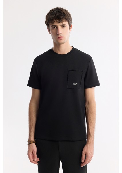 Erkek Siyah Bisiklet Yaka Baskılı Bi-Stretch İnterlok Regular Fit T-Shirt A51Y1161