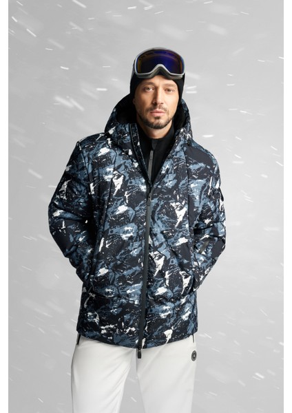 Erkek Siyah Kapüşonlu Su İtici Rüzgar Geçirmez -15 Dereceye Dayanıklı Kayak Montu A52Y6112