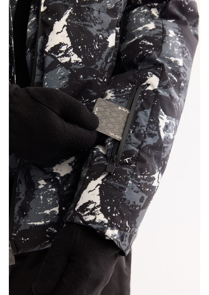 Erkek Siyah Kapüşonlu Su İtici Rüzgar Geçirmez -15 Dereceye Dayanıklı Kayak Montu A52Y6112