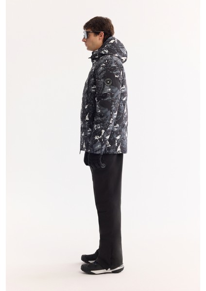 Erkek Siyah Kapüşonlu Su İtici Rüzgar Geçirmez -15 Dereceye Dayanıklı Kayak Montu A52Y6112