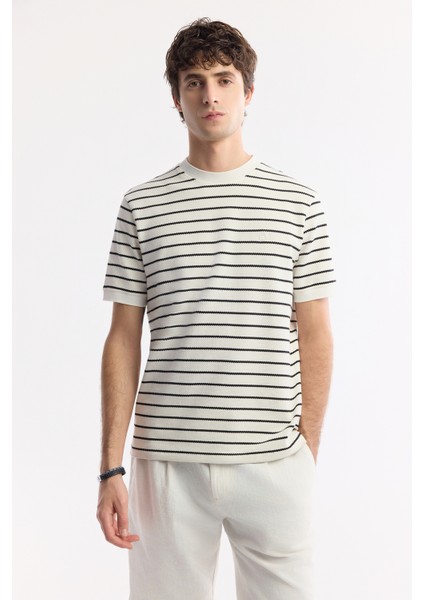 Erkek Beyaz Bisiklet Yaka Çizgili Jakarlı Regular Fit T-Shirt A51Y1149