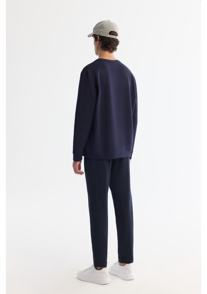 Erkek Lacivert Bisiklet Yaka Pamuklu Baskılı Elastan Regular Fit Sweatshirt A42Y1221