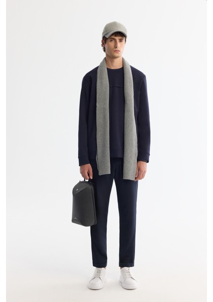 Erkek Lacivert Bisiklet Yaka Pamuklu Baskılı Elastan Regular Fit Sweatshirt A42Y1221