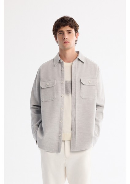 Erkek Gri Klasik Yaka Kaşe Kapaklı Comfort Fit Gömlek Ceket A42Y2129