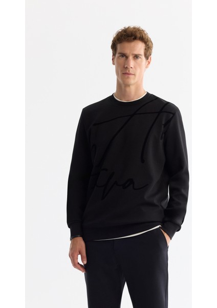 Erkek Siyah Bisiklet Yaka Pamuklu Baskılı Elastan Regular Fit Sweatshirt A42Y1268