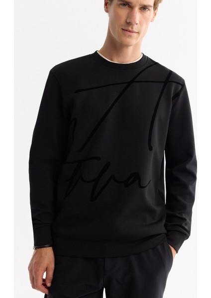 Erkek Siyah Bisiklet Yaka Pamuklu Baskılı Elastan Regular Fit Sweatshirt A42Y1268 fiyatları