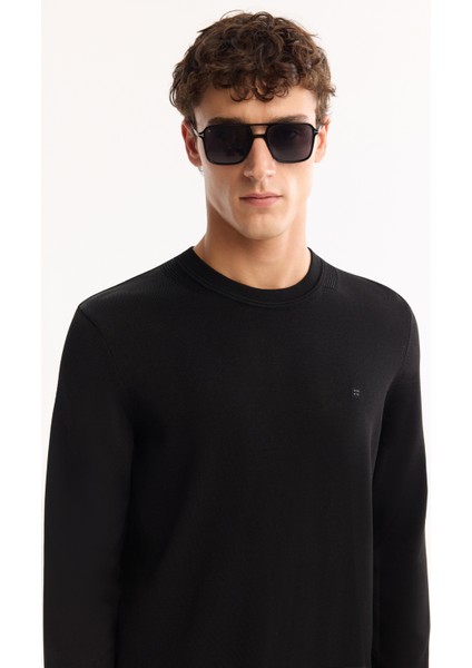 Erkek Siyah Bisiklet Yaka Rayon Karışımlı Tüylenmeyen Triko Regular Fit Kazak A52Y5001