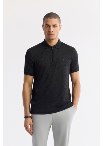 Erkek Siyah Polo Yaka Jakarlı Regular Fit T-Shirt A51Y1090
