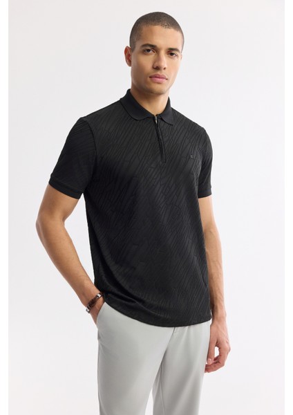 Erkek Siyah Polo Yaka Jakarlı Regular Fit T-Shirt A51Y1090