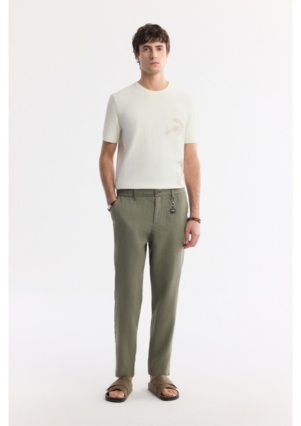 Erkek Haki Beli Lastikli %100 Keten Relaxed Fit Pantolon B003032