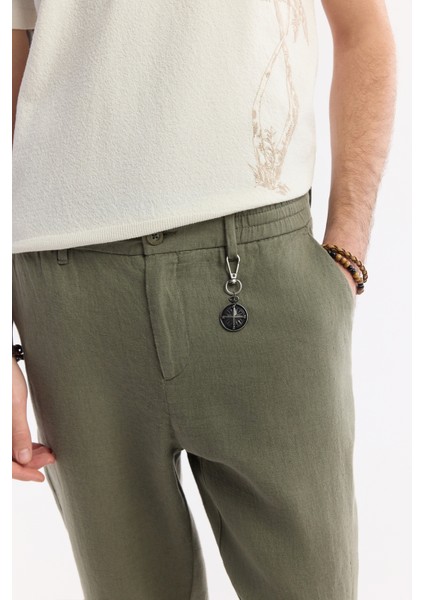 Erkek Haki Beli Lastikli %100 Keten Relaxed Fit Pantolon B003032 fırsatları