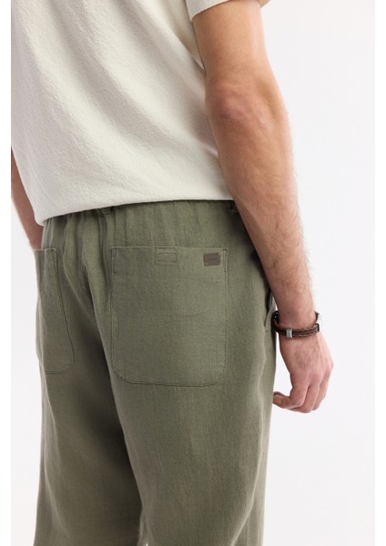 Erkek Haki Beli Lastikli %100 Keten Relaxed Fit Pantolon B003032 indirimleri