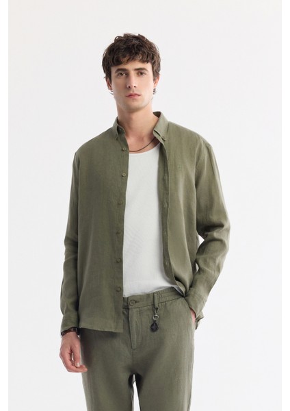 Erkek Haki Beli Lastikli %100 Keten Relaxed Fit Pantolon B003032