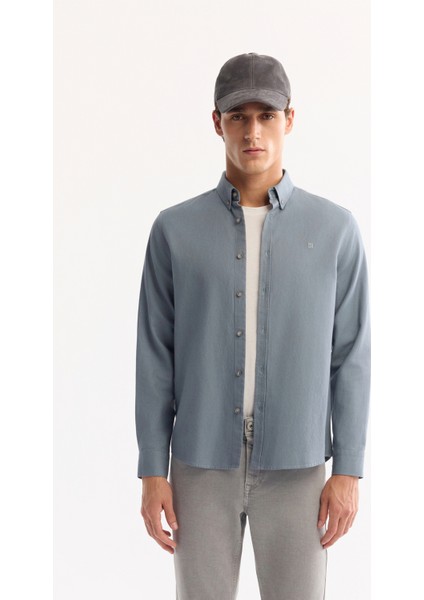 Erkek Petrol Mavi Düğmeli Yaka Pamuklu Soft Touch Regular Fit Gömlek B002036