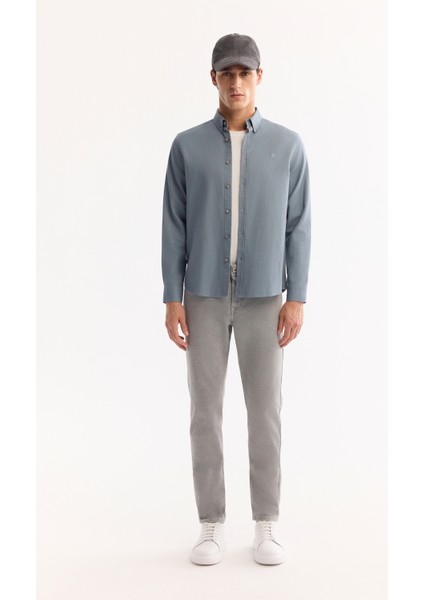 Erkek Petrol Mavi Düğmeli Yaka Pamuklu Soft Touch Regular Fit Gömlek B002036