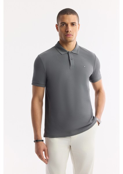 Erkek Antrasit Kıvrılmaz Polo Yaka %100 Pamuk Basic Regular Fit T-Shirt B001032