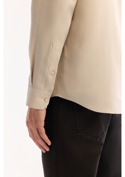 Erkek Bej Düğmeli Yaka Soft Touch Regular Fit Gömlek A52Y2061