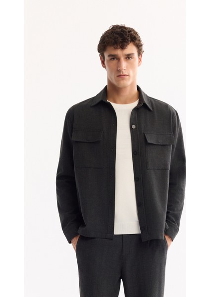 Erkek Antrasit Klasik Yaka Kolay Ütülenen Comfort Fit Gömlek Ceket A52Y2104