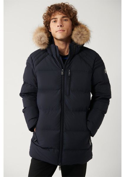 Erkek Lacivert Kuş Tüyü Dolgulu Çıkma Kürklü Su İtici Kumaşlı Mont A32Y6012 fiyatları