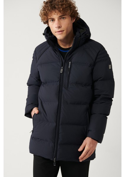 Erkek Lacivert Kuş Tüyü Dolgulu Çıkma Kürklü Su İtici Kumaşlı Mont A32Y6012 fırsatları