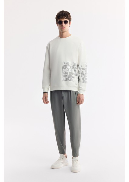 Erkek Beyaz Bisiklet Yaka Baskılı Bi-Stretch İnterlok Regular Fit Sweatshirt A51Y1237
