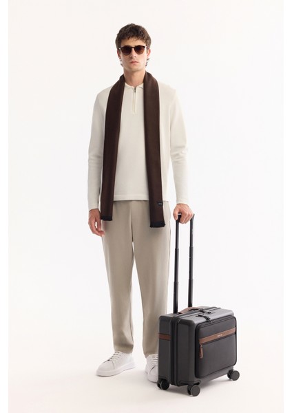 Erkek Ekru Polo Yaka Fermuarlı Rayon Tüylenmeyen Basic Triko Regular Fit Kazak B005150