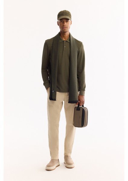 Erkek Haki Polo Yaka Pamuklu Basic Slim Fit Sweatshirt B001080