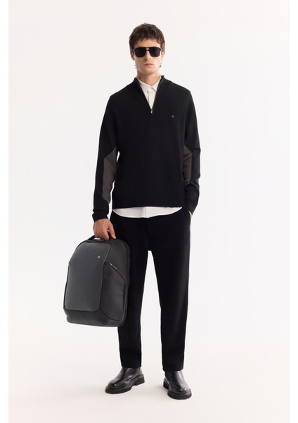 Erkek Siyah Dik Yaka Fermuarlı Rayon Tüylenmeyen Triko Regular Fit Kazak A52Y5020