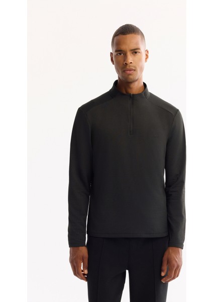 Erkek Siyah Dik Yaka Fermuarlı Bi-Stretch Regular Fit Sweatshirt A52Y1219