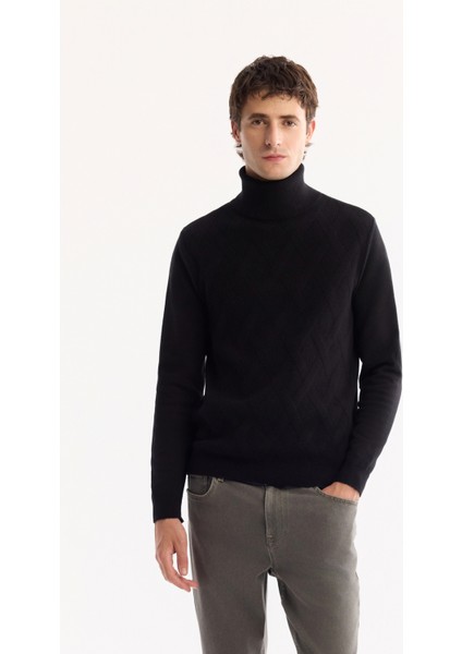 Erkek Siyah Balıkçı Yaka Soft Touch Dokulu Triko Regular Fit Kazak A52Y5040