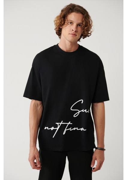 Erkek Siyah %100 Pamuk Bisiklet Yaka Baskılı Oversize Fit T-Shirt A41Y1038 modelleri