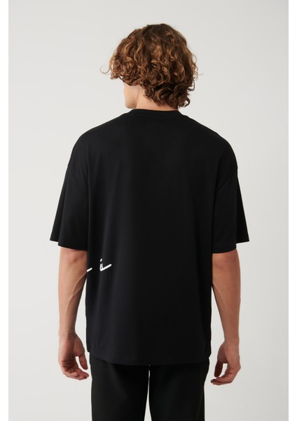 Erkek Siyah %100 Pamuk Bisiklet Yaka Baskılı Oversize Fit T-Shirt A41Y1038 fırsatları