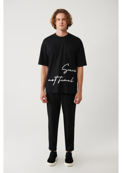 Erkek Siyah %100 Pamuk Bisiklet Yaka Baskılı Oversize Fit T-Shirt A41Y1038 indirimleri