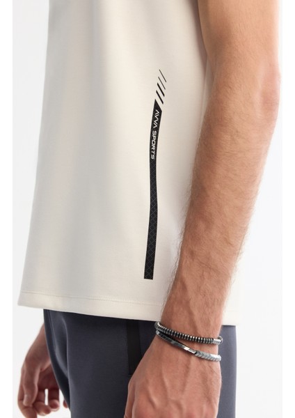 Erkek Ekru Bisiklet Yaka Baskılı Elastan Regular Fit T-Shirt A42Y1017 modelleri