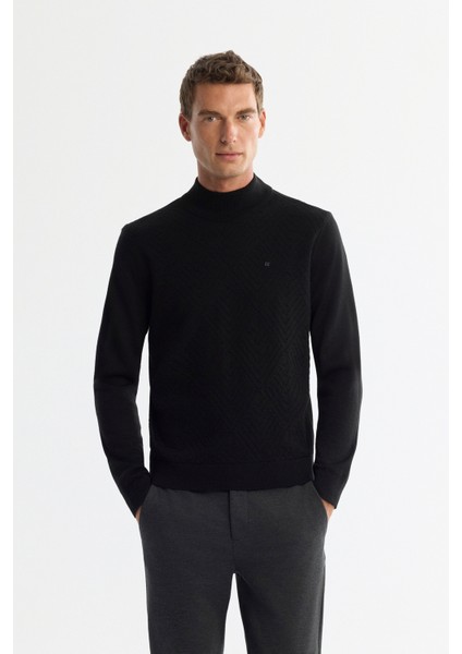 Erkek Siyah Yarım Balıkçı Yaka Jakarlı Yün Karışımlı Triko Regular Fit Kazak A42Y5021